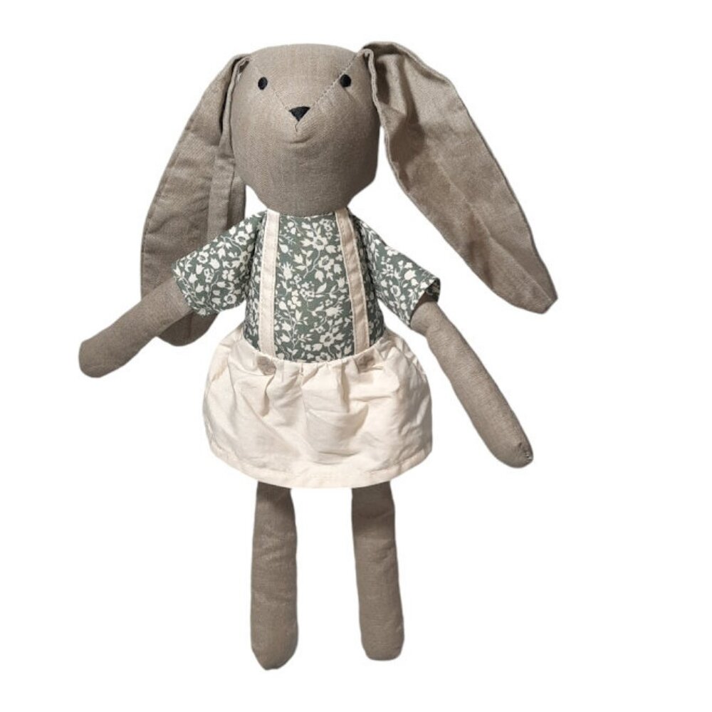 H&M Bunny Toupe Linen Green Floral Sewn Eyes Plush Stuffed Animal Lovey Toy 14"